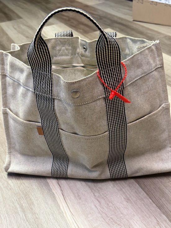 Hermes Handbags - Authentic Hermes Canvas Tote Bag with Striped Handles - Beige